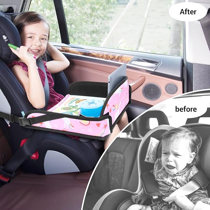 COOLBEBE Kids Travel Tray for Toddler Car Seat, Travel Tray for Airplane, Toddler Car Seat Lap Tray, Carseat Table Tray for Kids (Pink Unicorn, 2Pack)