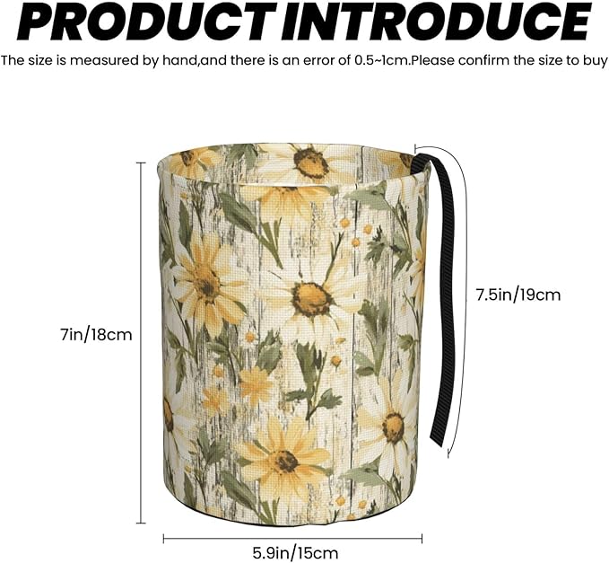 Car Trash Can Wood Grain Daisy Pattern Multipurpose Collapsible Leakproof Trash Bin Car Accessories for Car Automotive Truck SUV