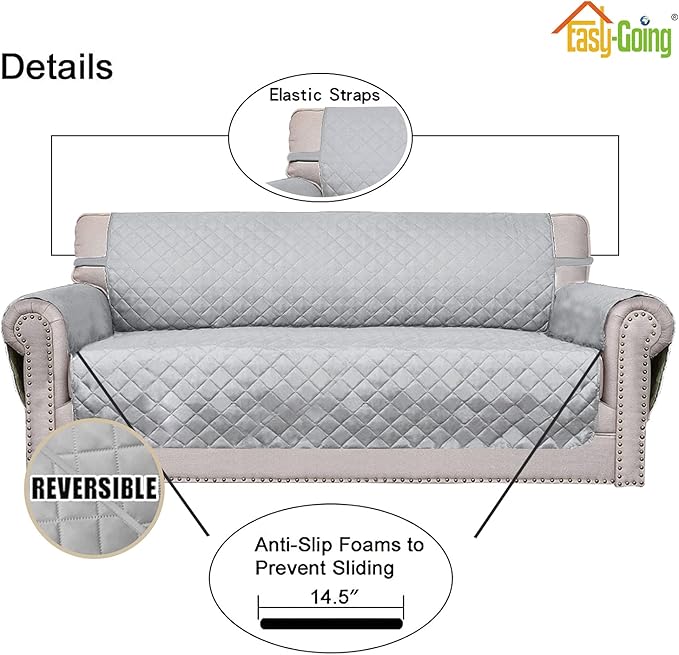 Easy-Going Reversible Oversized Couch Cover for 3 Cushion Couch Sofa Cover for Dogs Water Resistant Furniture Protector Cover with Foam Sticks for Pet (Oversized Sofa, Light Gray/Light Gray)