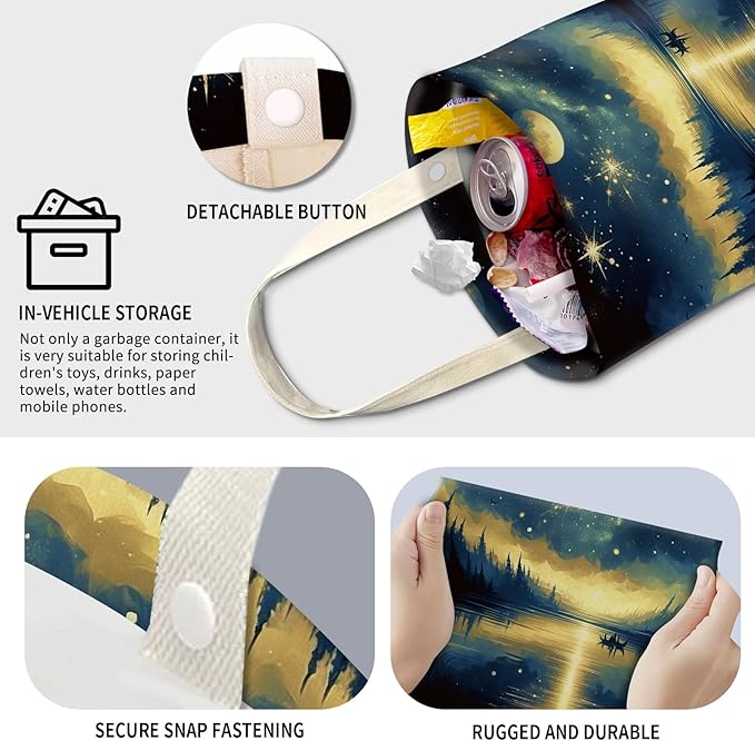 Cute Car Trash Can, Hanging Canvas Car Back Seat Organizer and Storage Bag, Funny Car Trash Bag for Travelling, Outdoor Night Lake Reflection Pattern