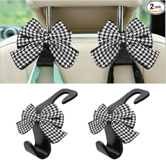2PCS Car Seat Headrest Hooks, Cute Bow Vehicle Backseat Storage Hanger for Handbag Umbrella Coat, Automotive Seat Back Hook Holder Organizer Decor, Universal for Vehicles (Houndstooth)