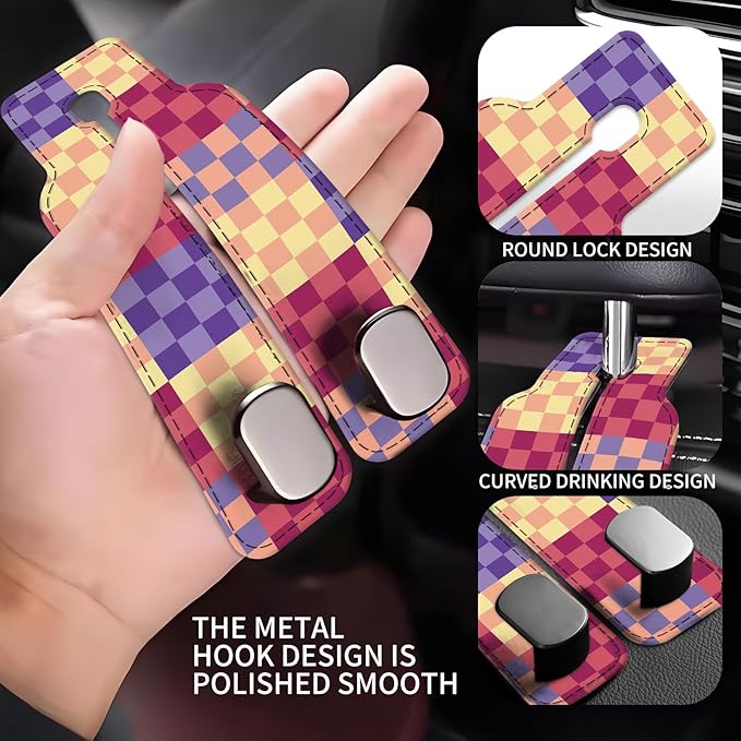 Car Seat Back Storage Headrest Hook, Premium Leather Double Metal Hook, Hanger Storage Organizer for Purse Cloth Bag, Car Interior Accessories Cute Colorful Plaid