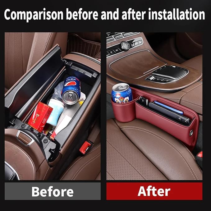 Car Leather Cup Holder Gap Bag, Car Seat Gap Filler Organizer with Cup Holder, Car Storage Organizer Front Seat, Suitable of Cars (2 Pack Beige)