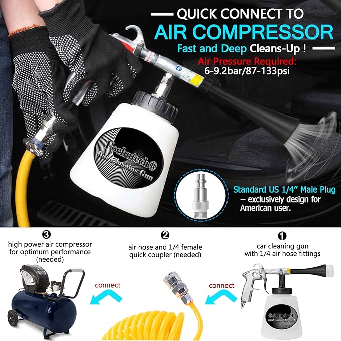 Car Detailing Kit Car Interior Cleaner Turbo Car Cleaning Gun Pro & at Home Interior Car Cleaning Supplies Kit for Upholstery Carpet Seat Headliner, Pressure Sprayer, Air Compressor Needed