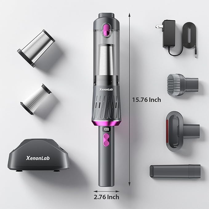 Handheld Vacuum Cordless 25000Pa Car Vacuum 3-in-1 Handheld Vacuum, Includes Smart Display and Charging Base Hand Vac Cordless Rechargeable One-Touch Empty for Home/Pet/Car (Purple)