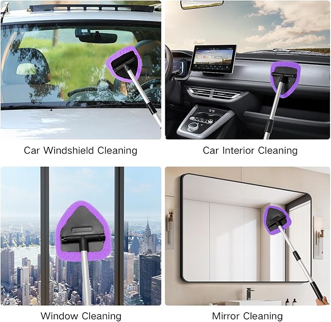 Qydipclin 7pcs Windshield Cleaner Tool Car Window Cleaning Wash Kit with 4 Reusable Microfiber Pads 1 Spray Bottle and Extendable Handle Auto Glass Wiper Kit, Purple