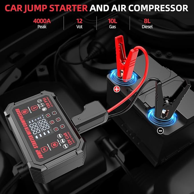 Jump Starter with Air Compressor, 4000A Peak Portable Car Battery Jumper Starter with 150PSI Auto-Shutoff Tire Inflator, 12V Car Jump Box with LED Light&LED Display All Gas /10L Diesel,Motorcycle