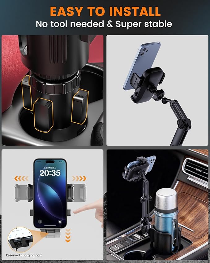 Cup Phone Holder for Car with Expandable Base, Upgraded 2 in 1 Hands Free Cellphone Holder Cupholder Car Mount, Stable Retractable Long Arm Universal Fit iphone and Large Bottle, for Truck SUV