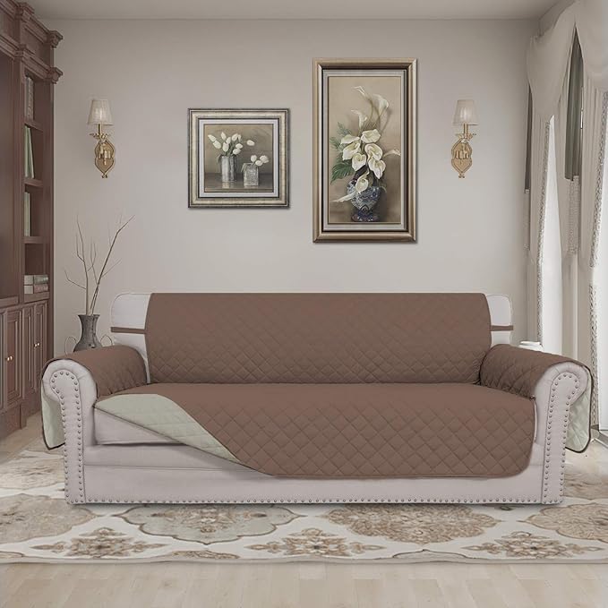 Easy-Going 4 Seater Sofa Slipcover Reversible Sofa Cover Water Resistant Couch Cover with Foam Sticks Elastic Straps Furniture Protector for Pets Children Dog Cat (XX-Large, Brown/Beige)
