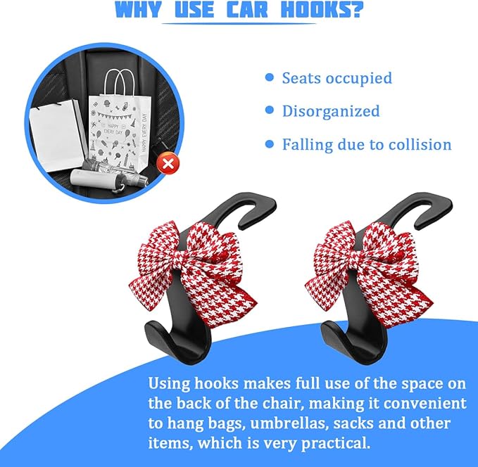 2PCS Car Seat Headrest Hooks, Cute Bow Vehicle Backseat Storage Hanger for Handbag Umbrella Coat, Automotive Seat Back Hook Holder Organizer Decor, Universal for Vehicles (Red Houndstooth)