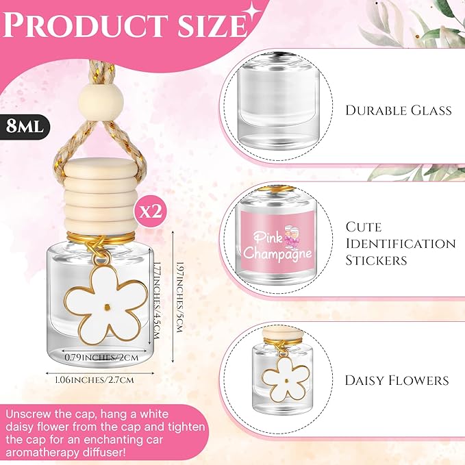 Siifert 2 Sets Hanging Car Air Freshener and Essential Oil Diffuser, Car Air Freshener Daisy Essential Oil Diffuser Long Lasting Automobile Aromatherapy(White,Pink Champagne)