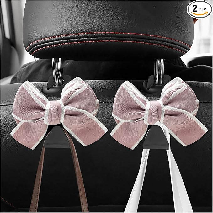 2 PCS Car Seat Headrest Hooks, Adorable Bow Knot Storage Hooks Multipurpose Vehicle Headrest Organizer, Auto Seatback Bowknot Hanger Interior Decoration for Car Truck SUV (Pink)