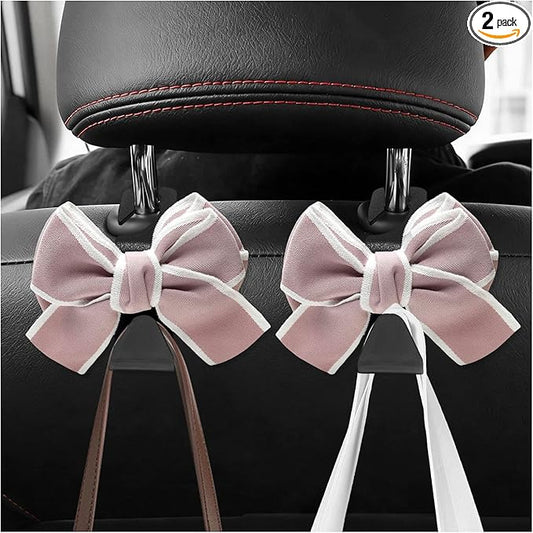 2 PCS Car Seat Headrest Hooks, Adorable Bow Knot Storage Hooks Multipurpose Vehicle Headrest Organizer, Auto Seatback Bowknot Hanger Interior Decoration for Car Truck SUV (Pink)