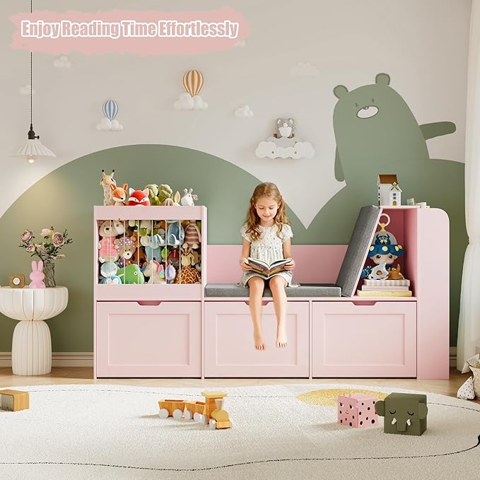 66.9" Kids Reading Nook, Toy Storage Organizer with Stuffed Animal Storage, Bench and Removable Cushions, Wooden Toddler Bookshelf with 3 Movable Drawers for Nursery, Playroom (Pink)