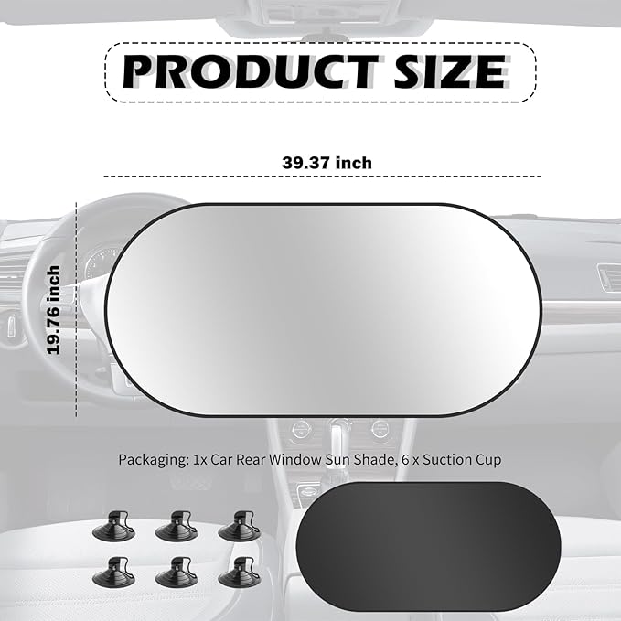 Back Window Sun Shades for Car,210T Titanium Silver Rear Window Sun Shade with Suction Cup Keeps Cars Interior Cool,39.37 * 19.76" Universal Sunshade for Car Windshield Rear