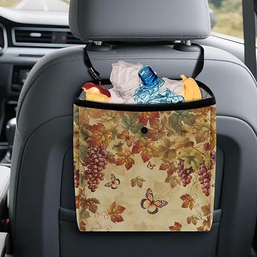 Butterfly Maple Leaf Car Trash Can Cute Leakproof Car Garbage Bag Hanging Trash Bin Grapes Print Automotive Garbage Cans for Back/Front Seat/Console Car Accessories