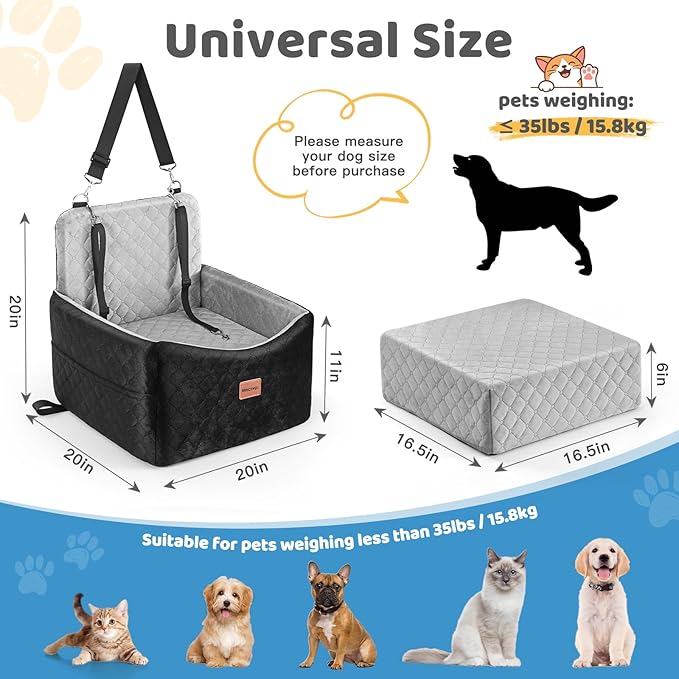 Dog Car Seat for Small Medium Dogs Up to 40 lbs – Dog Booster Seat with 6-Inch Memory Foam, Pet Car Seat with Removable Washable Cover, 3 Safety Belts & 2 Storage Bags (Black/Gray)