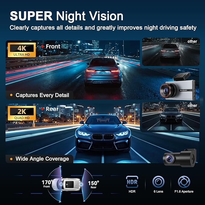 TECXERLLON 4K Dash Cam with ADAS Assist, 3.6" IPS Touchscreen, Built-in GPS & 5G WiFi, G-Sensor, Dash Camera with Starlight Night Vision, 170°/150° Wide View, 24H Parking, Free 64GB Card Included