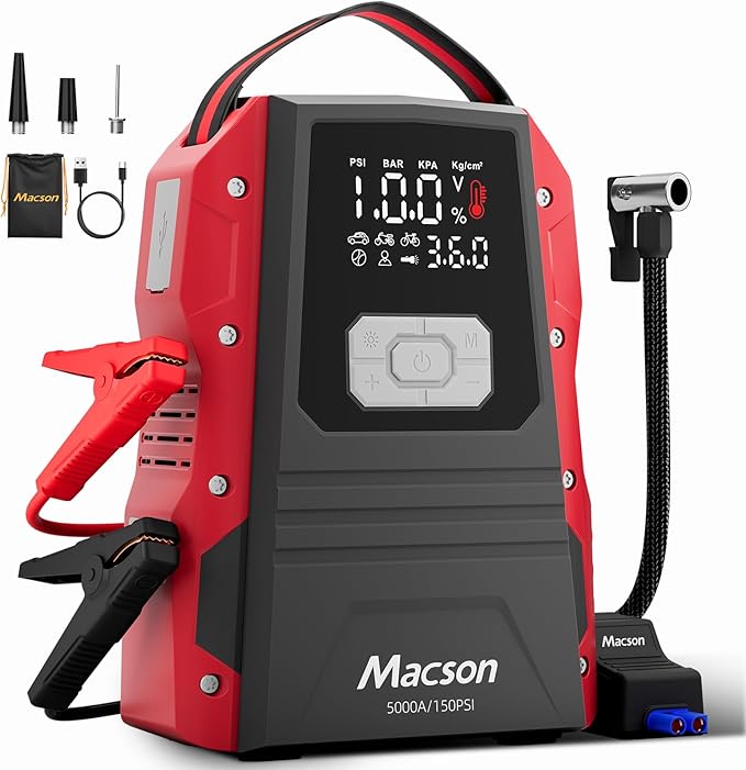 5000A Jump Starter with Air Compressor - Portable 12V Jump Box Battery Pack for 9.0L Gas/8.0L Diesel Engines, Car Jumper Starter Portable with 150PSI Tire Inflator, LED Screen, Fold-Up LED Flashlight