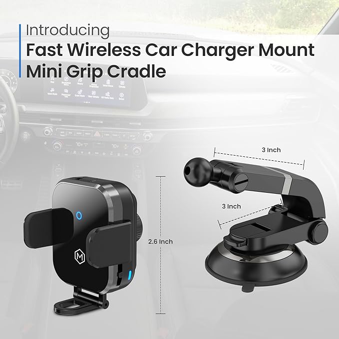 Wireless Car Charger Phone Mount – 15W Charging, Adjustable Stand, Two Mounting Options, Compatible with Phones 3 to 4 Inches - Mini Grip Cradle Multi Angle Suction Cup