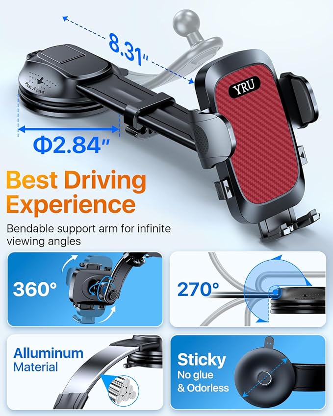 YRU [2026 Ultimate Car Phone Holder Mount [Bendable & Adjustable Aluminum Arm] Cell Phone Holder for Car Dashboard Windshield Phone Stand for iPhone 17 16 15 14 Pro Max Samsung Pickup Truck,Tomato Red
