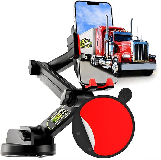 Cell Phone Mount for Truck Phone Holder for Truck Drivers - Heavy Duty Suction Cup + Dashboard Pad, iPhone Holder for Dashboard Window 16.9 inch Long, for iPhone & Samsung, Big Rig Trucker, Red