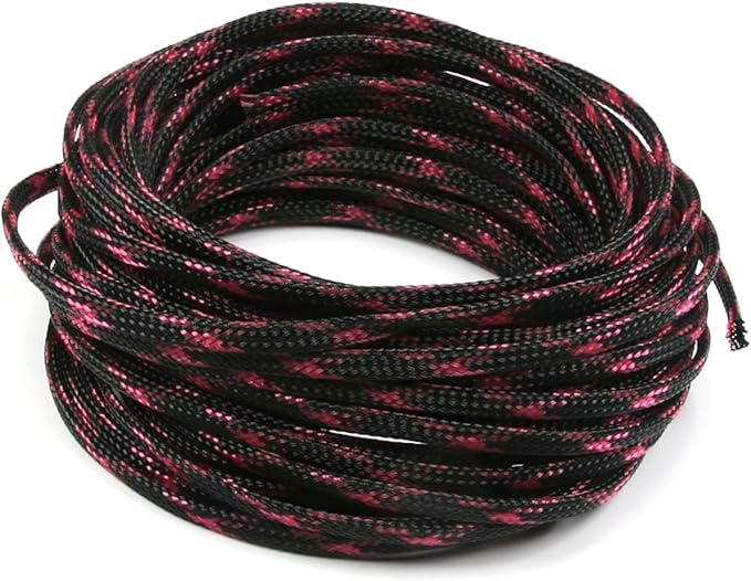 Aicosineg Cable Sleeve Braided Sleeving PET Wire Loom Tubing Cable 32.81ft-1/6inches Wrap Protector for HiFi Audio and Video Headphone Cable Protect Wires from Chewing of Pets Black and Pink