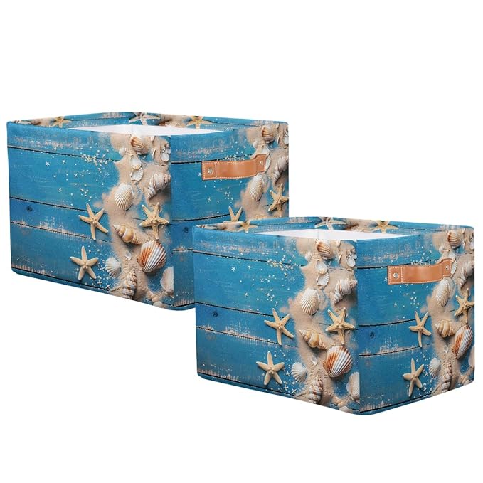 Blue Wooden Board Storage Baskets for Organizing, Fabric Collapsible Storage Bins Box Seashells Decorative Toy Organizer Baskets for Closet Shelves Gift Basket 2Pcs
