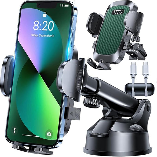 HTU 2026 Upgraded [True Military-Grade] Car Phone Holder【Safety Certs & No Smell】 Cell Phone Holder for Car Mount for Dashboard Windshield Air Vent Long Arm Thick Case,Green