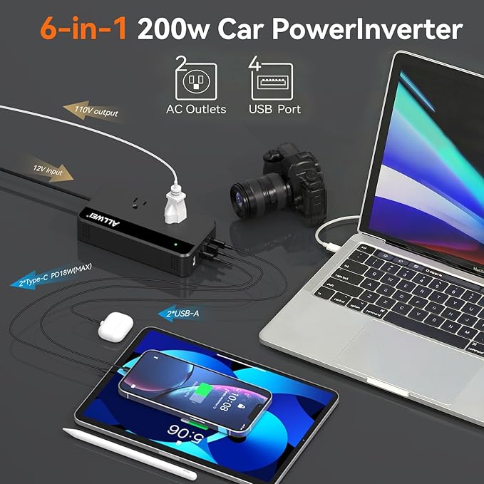 ALLWEI 200W Car Power Inverter, 12V DC to 110V AC Car Inverte with 4 USB Fast Charging Port(2xUSB A, 2xUSB C)- Car Charger Cigarette Lighter Adapter for Phone, Laptop and Small Devices on Road Trip