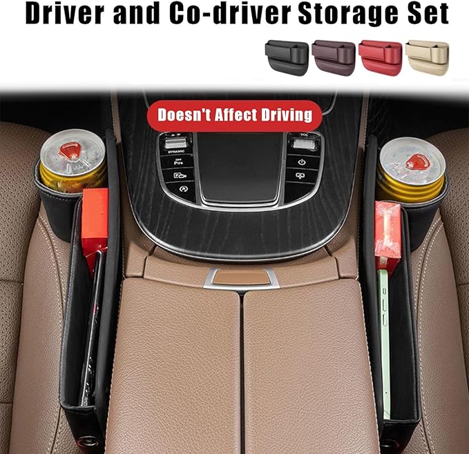 2 Packs Universal Car Seat Gap Storage Box, 2025 Car Leather Cup Holder Gap Bag, Adjustable Car Gap Seat Filler Organizer with Cup Holder for Glasses Phones Keys Cards (Red)
