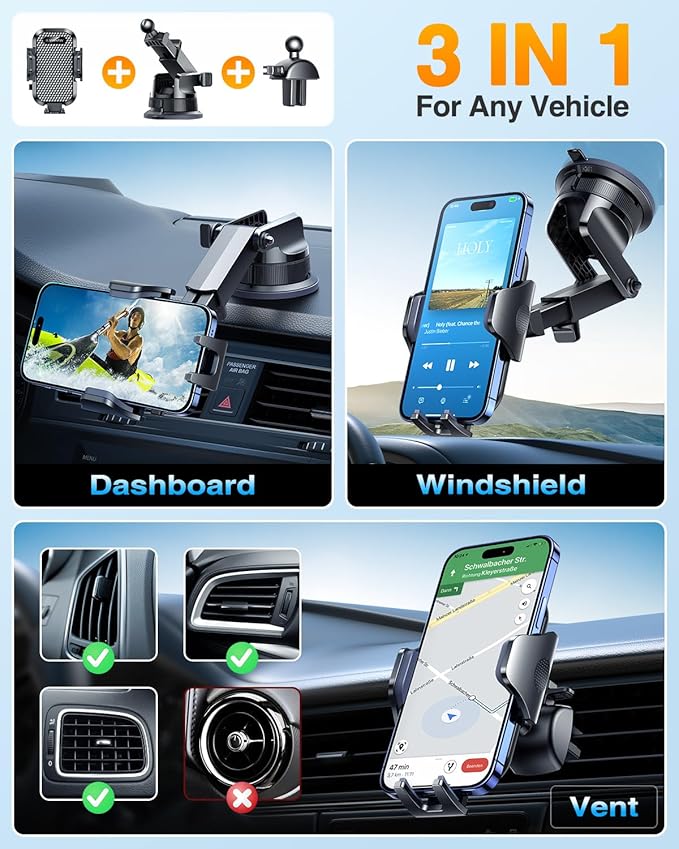 VANMASS [Pro Version] Universal Car Phone Mount [2026 Super Suction Cup] Phone Holder for Car, Cell Phone Car Mount for Windshield Dash Vent Truck Stand for iPhone 17 Pro Max 16 15 14 Samsung Android