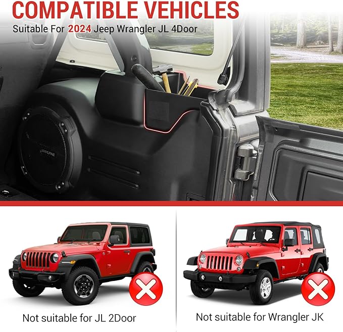 Trunk Side Storage Bin Fit for 2024 Jeep Wrangler JL Unlimited Cargo Organizer Tray Wheel Well Storage Box for Wrangler JL 4 Door Accessories, 2PCS(Left+Right, HOOK&LOOP)