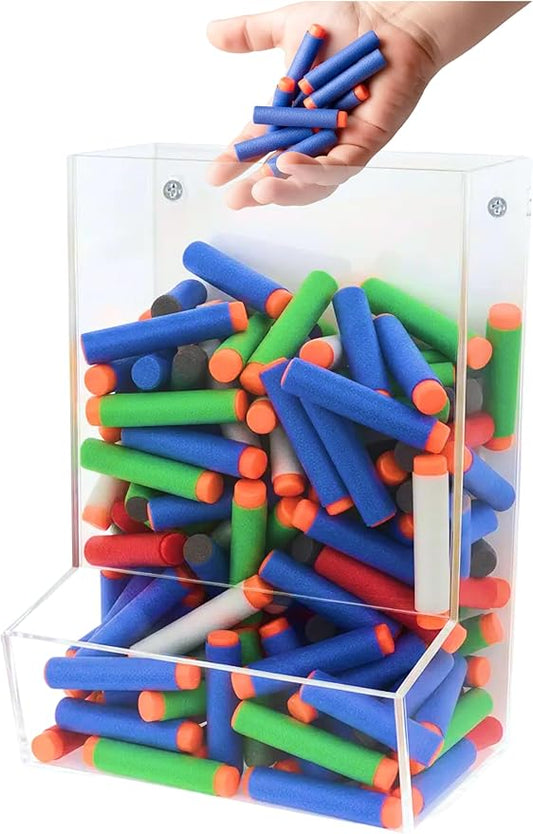 Single Acrylic Toy Dispenser for Kids - High-Volume Toy Foam Blasters, Car & Building Block Storage Bin - Wall Mount or Countertop Clear Hanging Organizer for Nursery & Playroom