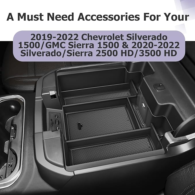 LUWU Center Console Organizer Compatible with 2019 2020 2021 2022 Chevy Silverado/GMC Sierra 1500 & 2020 2021 2022 Chevrolet Silverado/Sierra 2500HD 3500HD Black (ONLY for Full Console w/Bucket Seat)