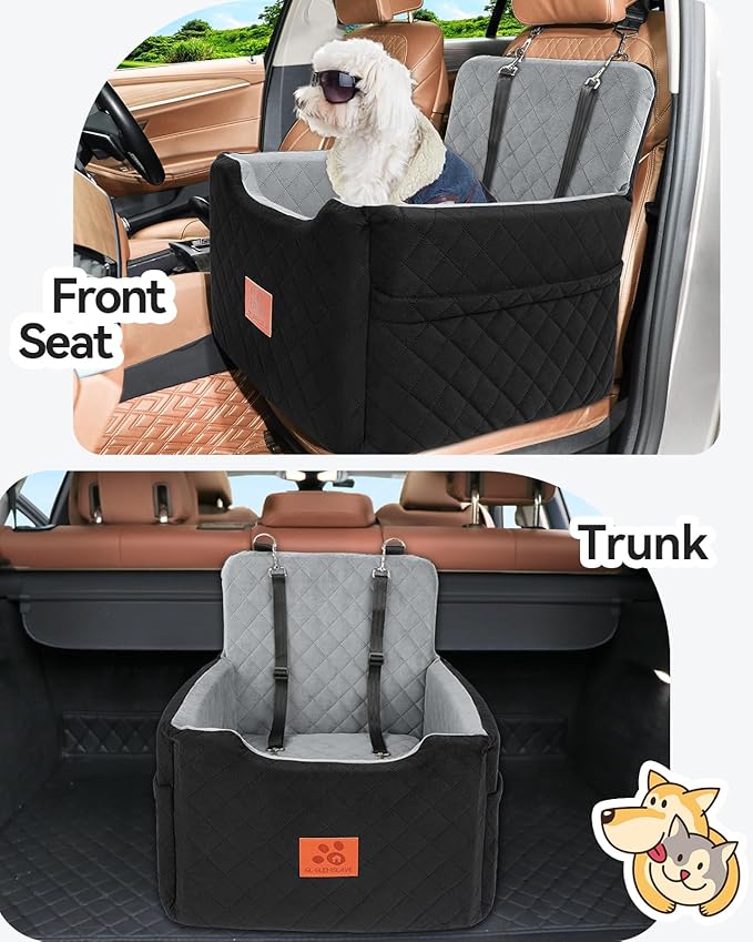 GL GLENSLAVE Dog Car Seat for Small/Medium Dogs Under 35lbs,Memory Foam Dog Booster Seats,Detachable and Washable Traval Pet Car Seat, Dogs Bed with 2 Safety Belts(Balck/Grey)