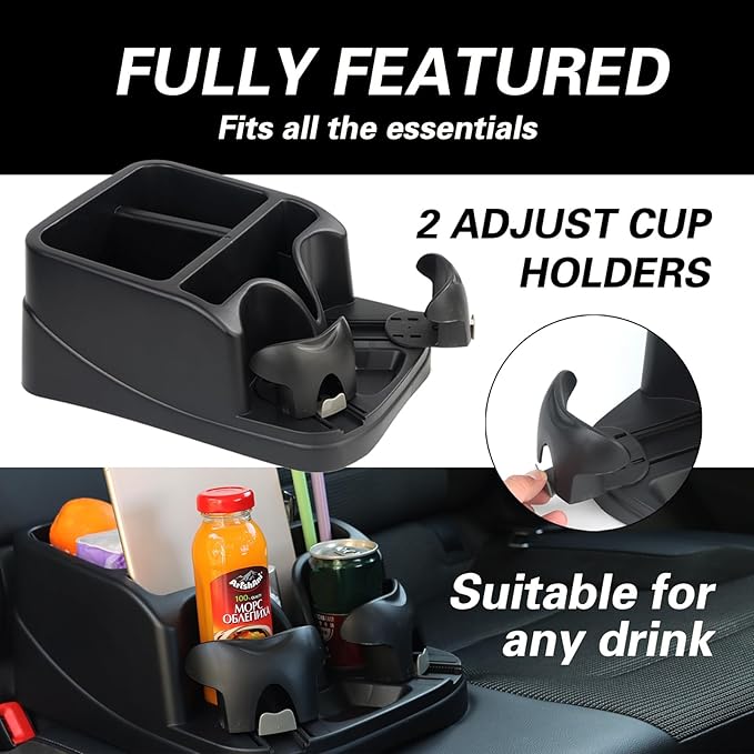 Center Console Organizer,Automotive Consoles Organizers and Storage with 2 Adjustable Cup Holders,Back Bench and Front Seat or Floor Middle Console Universal for Car Truck RV Van SUV (Black)
