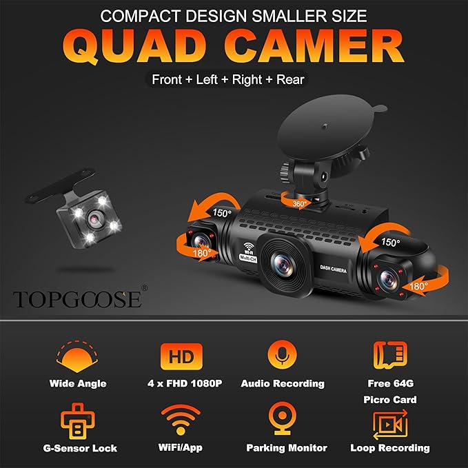 4 Channel Dash Cam 360° View, TOPGOOSE 2K Front and Rear Inside, Left Right Dash Camera for Cars, 8 IR Lamps Night Vision, 5G WiFi & APP Control, G-Sensor, Parking Mode, with a Free 64GB SD Card
