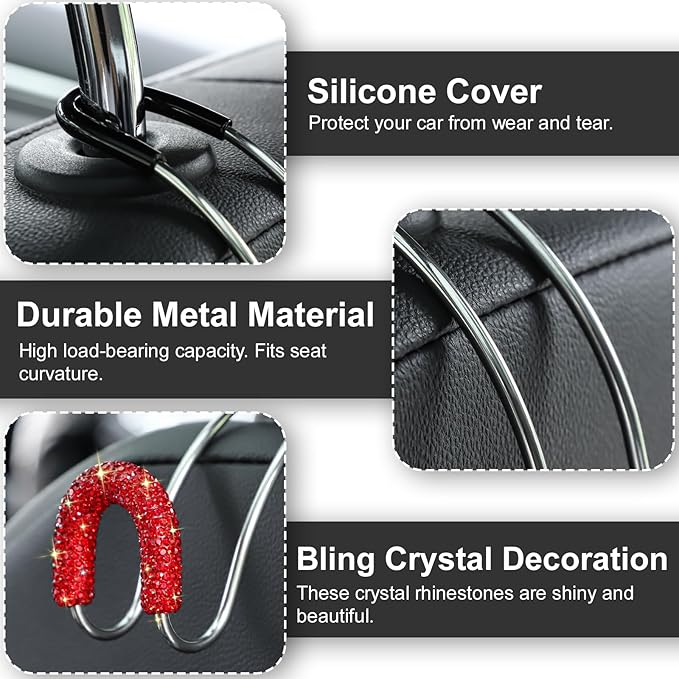 Soleebee 2 Pack Bling Car Headrest Hooks Crystal Rhinestones Universal Car Seat Hook Auto Hook Durable Car Back Seat Hangers Storage Organizer (Red)