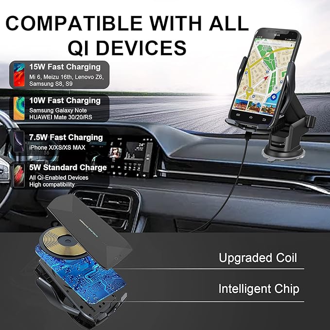 Wireless Car Charger Mount, 15W Qi Fast Charging Auto-Clamping Cell Phone Car Holder Air Vent Windshield Dashboard Long Arm Suction Cup Car Phone Mount for iPhone13 /12/11 Samsung S20/S10/S9/S8 LG