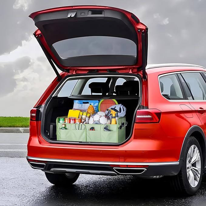 Trunk Organizer For Suv & Sedan,Car Organizers and Storage, Waterproof Collapsible & Adjustable Straps,70L Sturdy Car Organization for Car Accessories, Tools,Sundries,2-3Compartment（Green