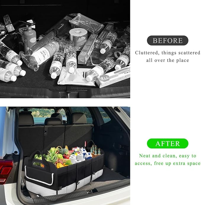 Large Organizer for Car, 95L Stretchable Storage Trunk Organizer with Divided Compartments, Fixed Big Trunk Organizer with Handles & Adjustable Straps, Car Accessories (Black & Gray)