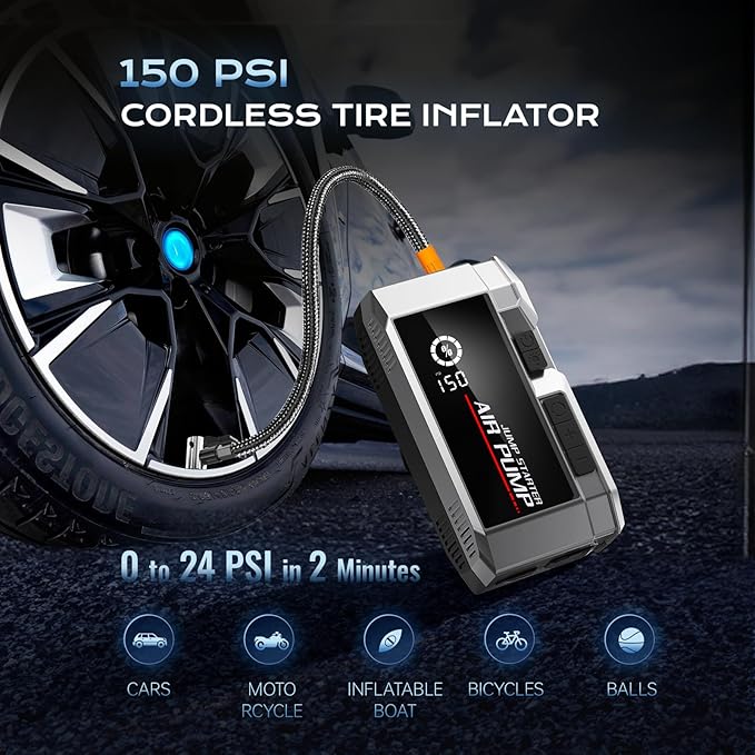 7000A Car Jump Starter with Air Compressor, 35000mAh Portable Car Battery Charger, Jump Starter Battery Pack (All Gas/10.0L Diesel), 150PSI Tire Inflator, 70 Starts 12V Auto Battery Booster