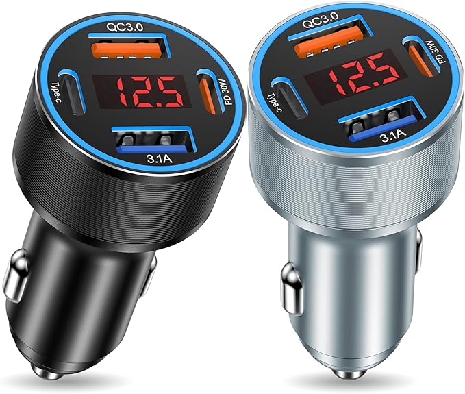 Car Phone Charger USB C,2Pack 4-Port 65W USB C Car Charger Fast Charging Multi Port Cigarette Lighter Adapter with Volt Meter,12V Type C Car Adapter for iPhone 17/16/15 Pro Max,iPad,Samsung,Android