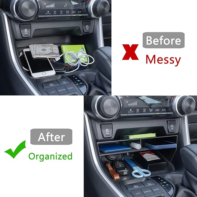 JDMCAR Bigger Slots Center Console Organizer Compatible with Toyota RAV4 2025 2024 2023 2022 2021 2020 2019 and 2021-2025 RAV4 Prime Accessories Larger Divider Tray Gear Shift Secondary Storage Box