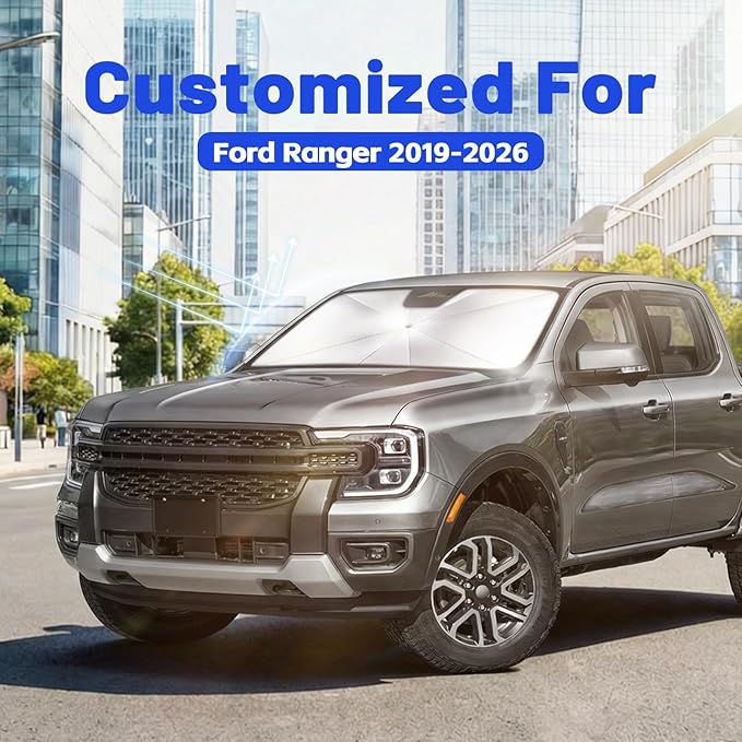 Car Windshield Sun Shade for Ford Ranger 2019-2026 –[Reflective Coated Fabric] Sunshade Umbrella for Front Window, Car Shades Sun Visor Keep Car Cool and Protects Interior, 1:1 Exact Fit
