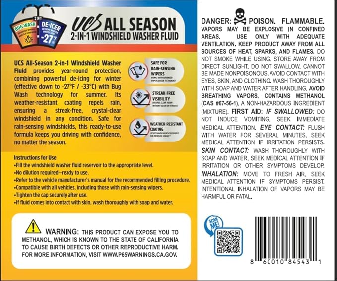 UCS All-Season Windshield Washer Fluid -27F Winter Protection – 2-in-1 Bug Remover – Streak-Free Formula – 2 Pack (2 Gallons Total)