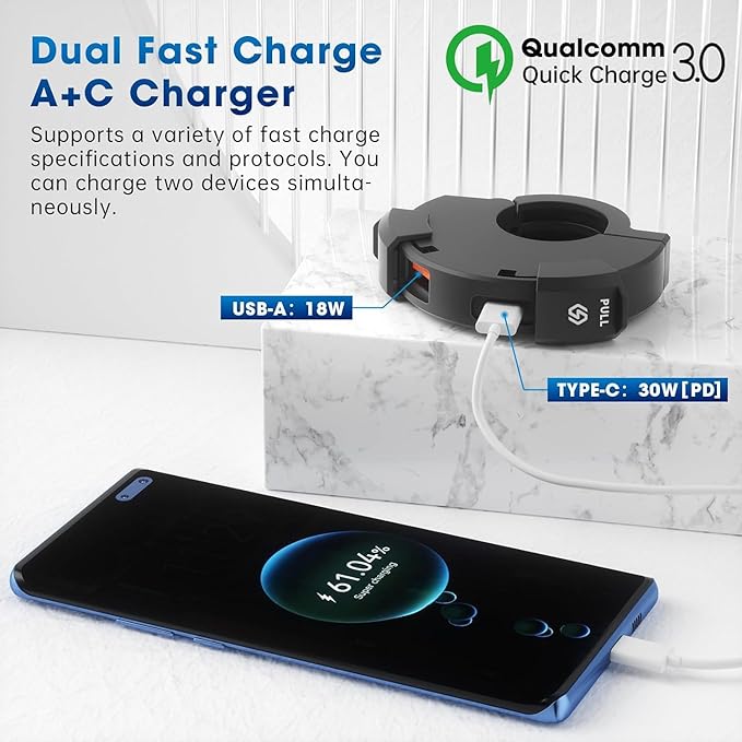 Motorcycle Phone Charger 30W PD Type-C 18W USB Quick Charger Ultra-Narrow SAE to USB Adapter IP65 Waterproof Motorcycle Accessories for Phones/Tablets