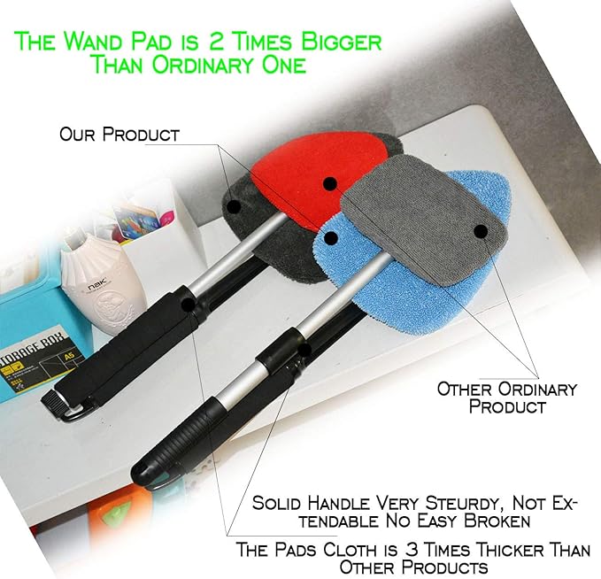 Windshield Cleaner Tool Car Window Cleaning Wand Glass Microfiber Brush Bigger Pad Thicker Softy Cloth, with Towel Spray Bottle Cloth Bag Kit TTL 6Pcs