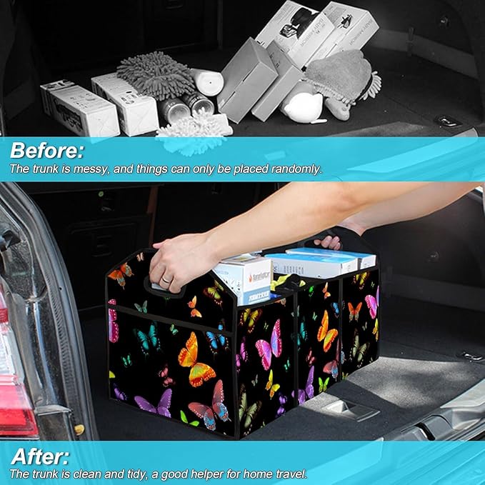 Butterfly Printed Pattern 50L Waterproof Polyester Trunk Organizer Car Storage MultiCompartment Large Capacity Poket